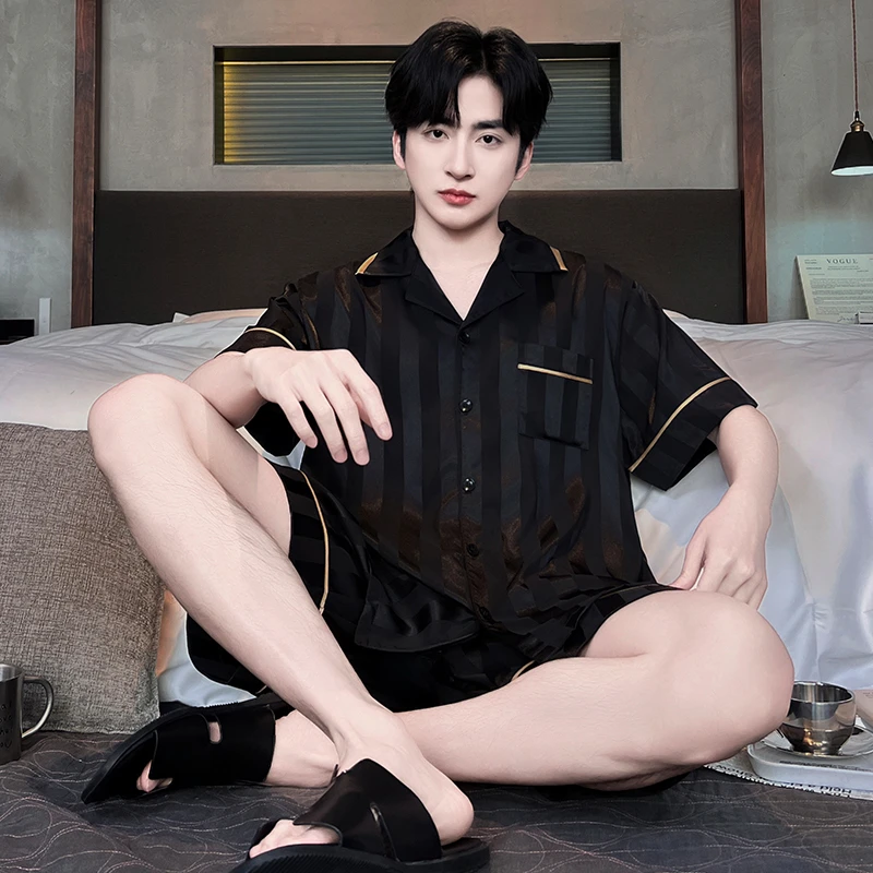 冰丝男士睡衣夏季薄款高级感条纹黑色短袖凉感大码夏天家居服套装