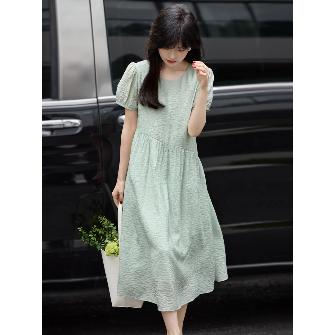 沫晗依美【轻氧薄荷】度假风简约拼接肌理感长裙25夏宽松显瘦连衣裙