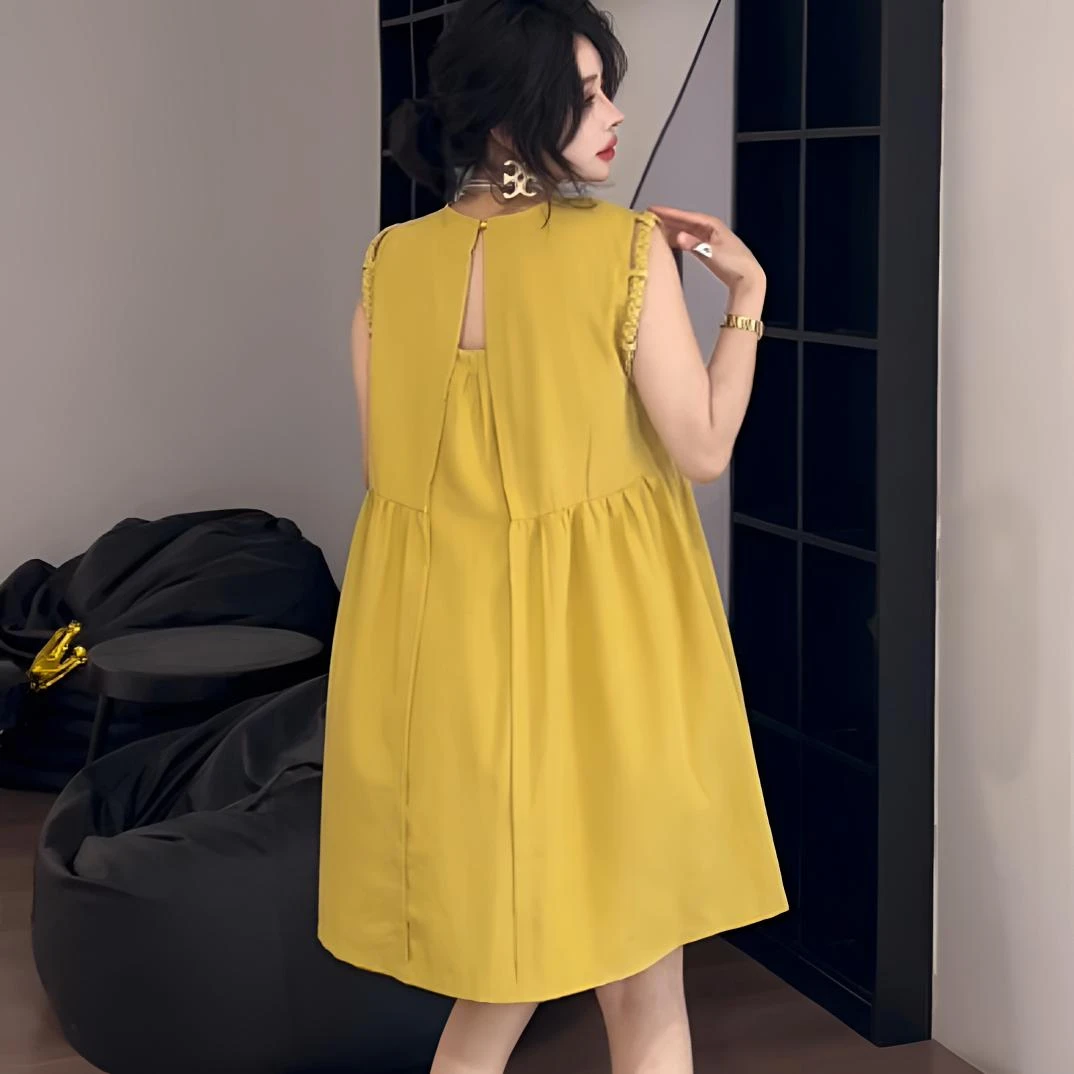 夏季洋气百搭麻料A字版宽松减龄无袖中长连衣裙