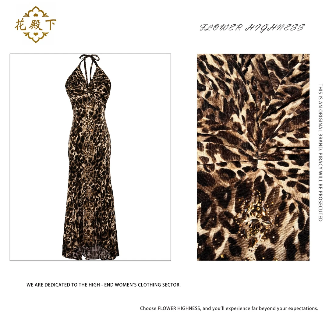 【25S古希腊女神】重工高定豹纹烫钻纯欲性感露背挂脖法式连衣裙