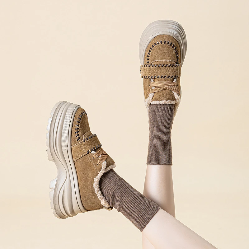 真皮保暖小个子松糕鞋2025年冬雪地靴磨砂牛皮厚底复古东北休闲棉