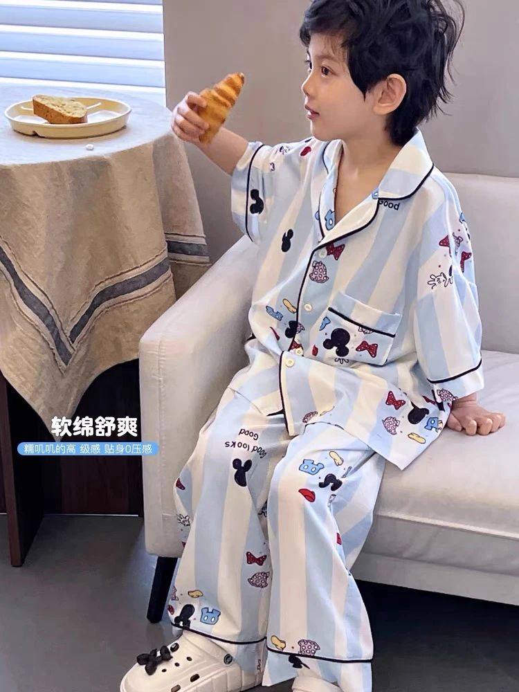 夏季儿童睡衣男女童卡通柔棉外穿家居服中大童翻领短袖长裤两件套