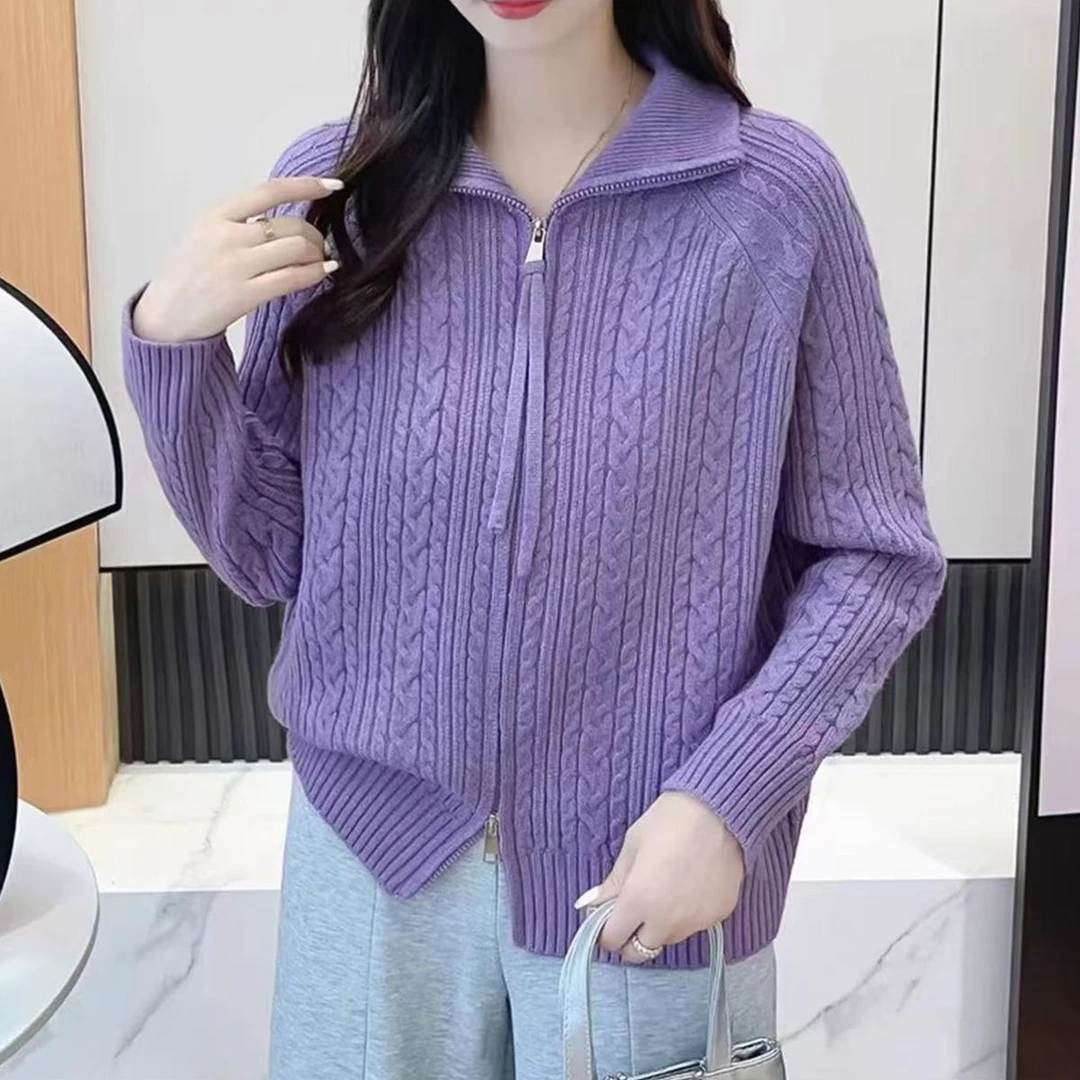 秋冬新款拉链麻花显瘦宽松外搭针织开衫女 8150