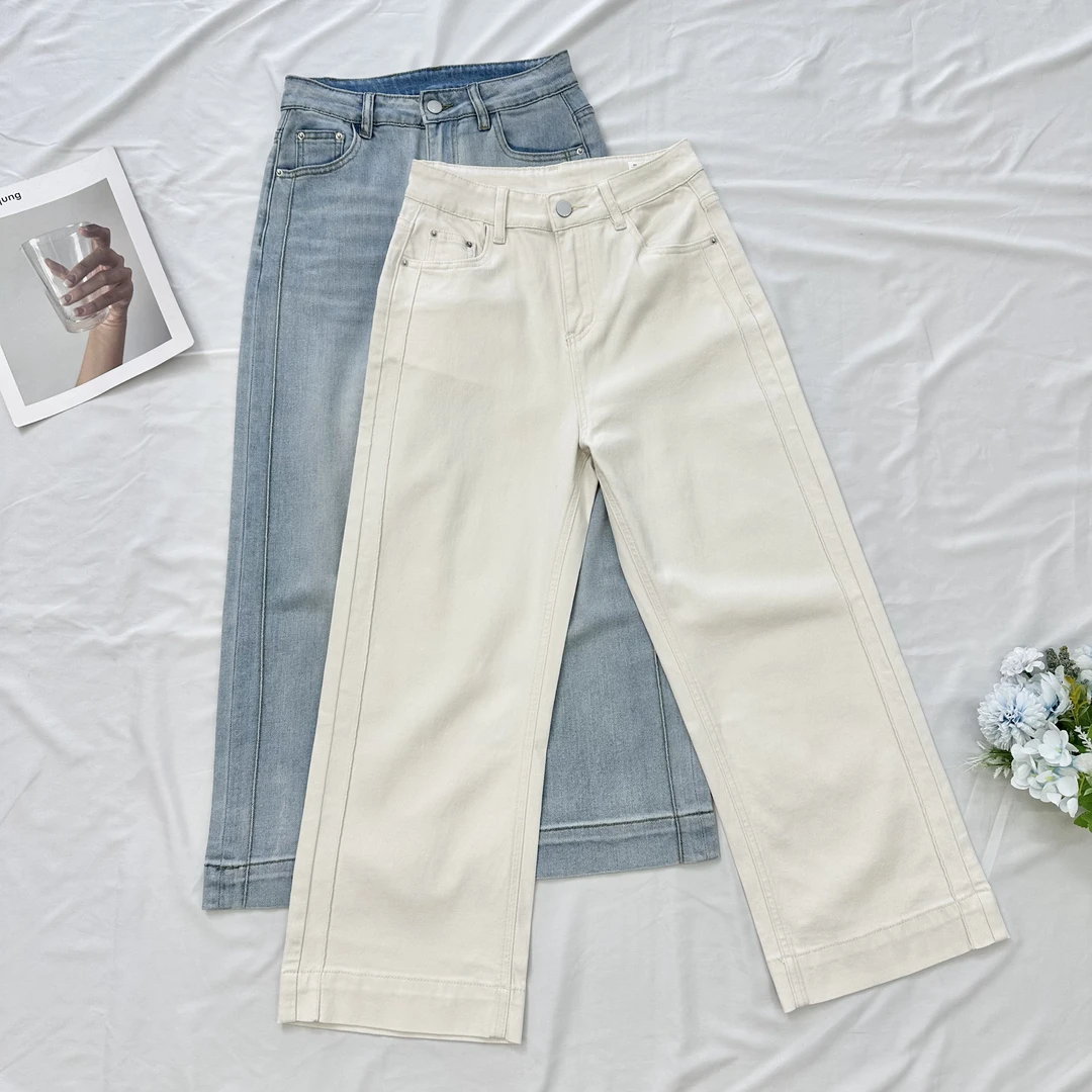 艺品兰莱赛尔阔腿法棍裤高腰弹力直筒梨型身材小个子显瘦牛仔裤