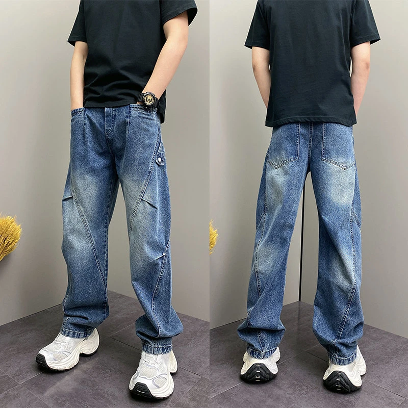 2026春秋新款美式高街风水洗牛仔裤男宽松阔腿直筒裤弯刀休闲裤子