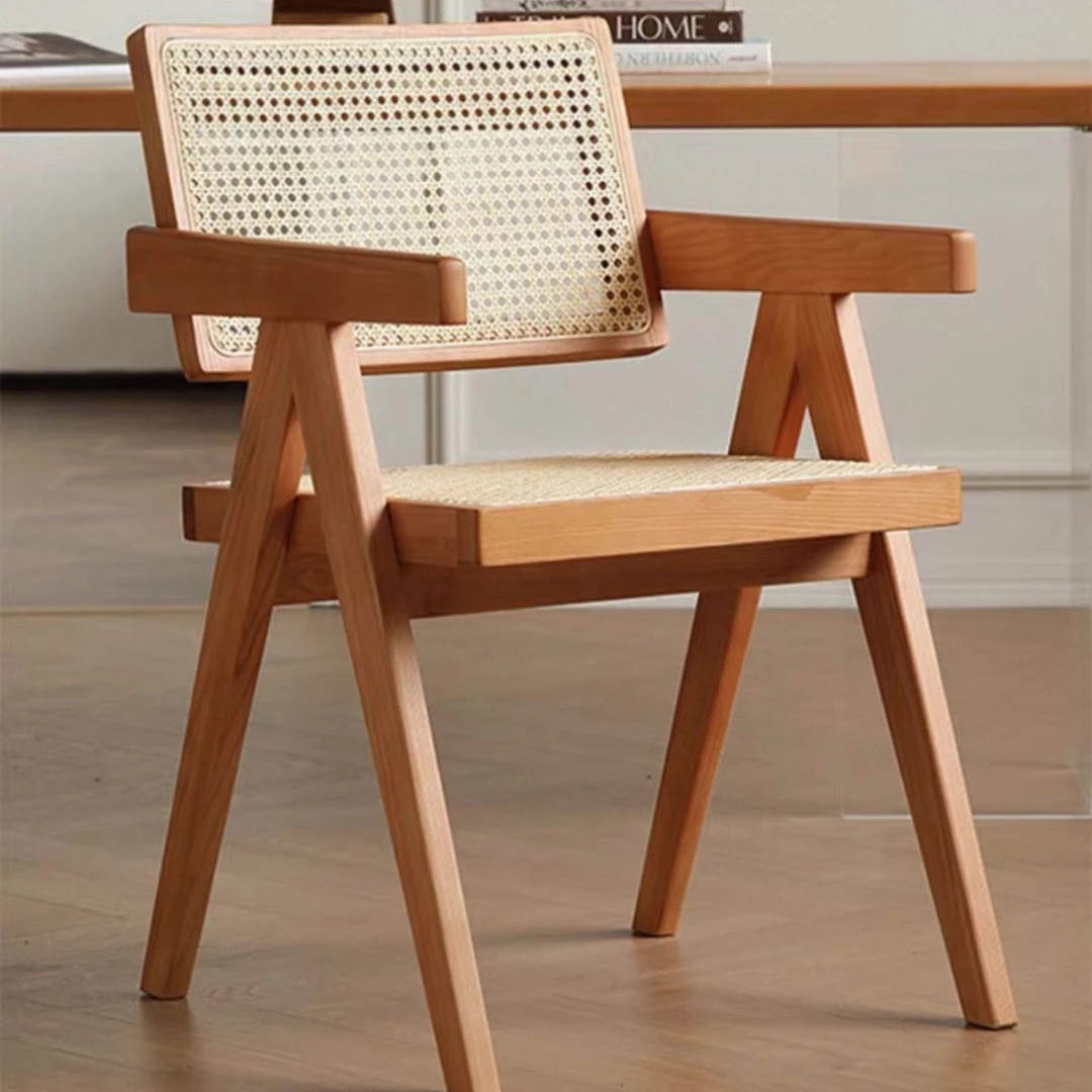 昌迪加尔椅设计师餐椅家用中古扶手靠背藤编椅客厅樱桃实木书桌椅