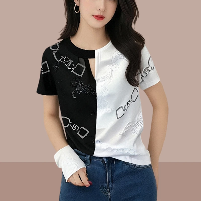 2025春秋新款洋气宽松显瘦印花欧货拼接撞色短袖t女装气质修身