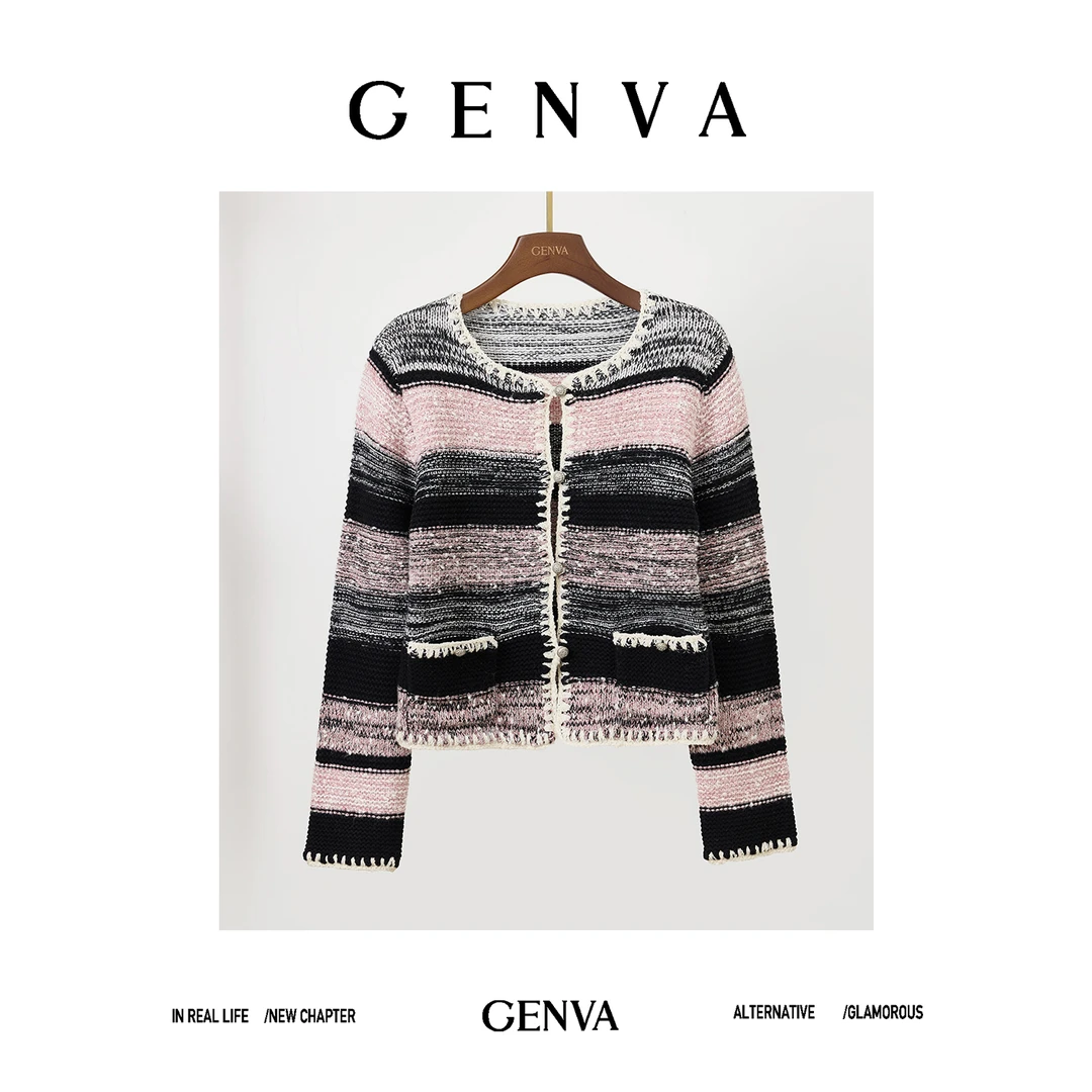 玖着'比乐蒂'意大利进口B@RUFFA羊毛花式粉墨手钩边香风针织开衫