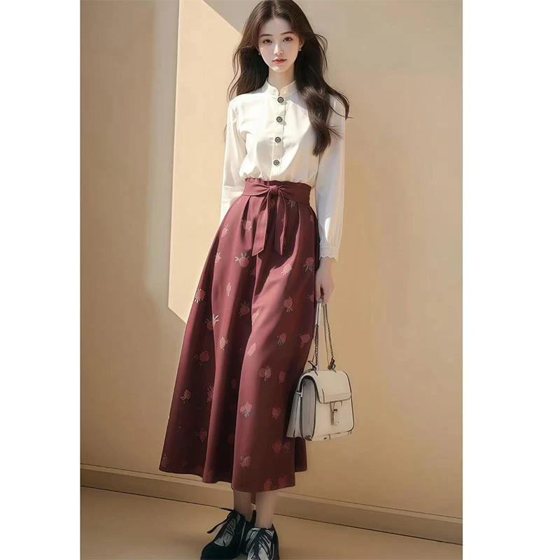 新中式国风高级感白色立领蕾丝花边衬衫马面裙女2025春秋爆款套装