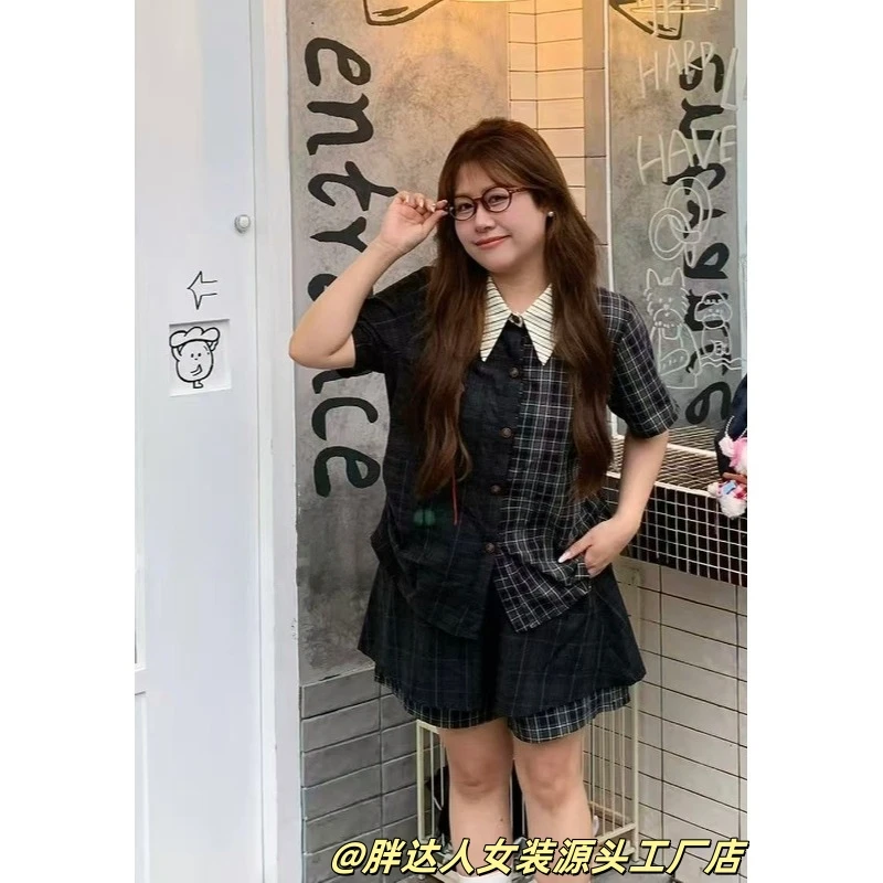 大码夏季撞色拼接格纹衬衫显瘦半身裙两件套1950#