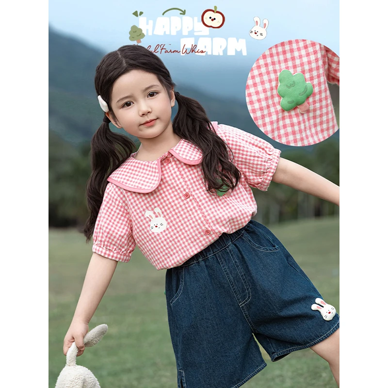 YOEHYAUL/幼悠【欢乐农场】夏叁波下时尚夏季格子韩版短袖衬衫X4965