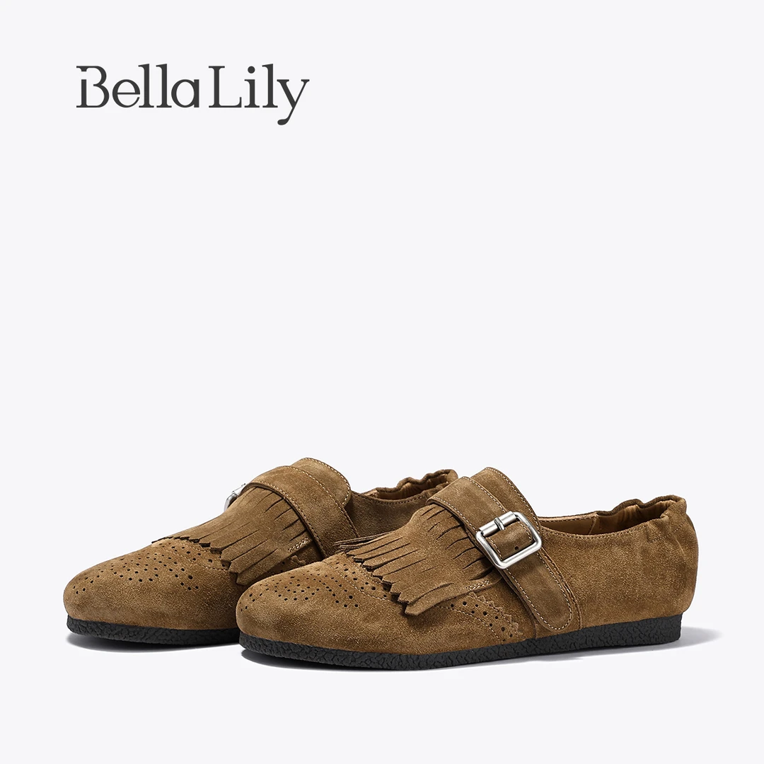 BellaLily2025秋冬新款一脚蹬平底乐福鞋女时尚牛皮单鞋袋鼠鞋子
