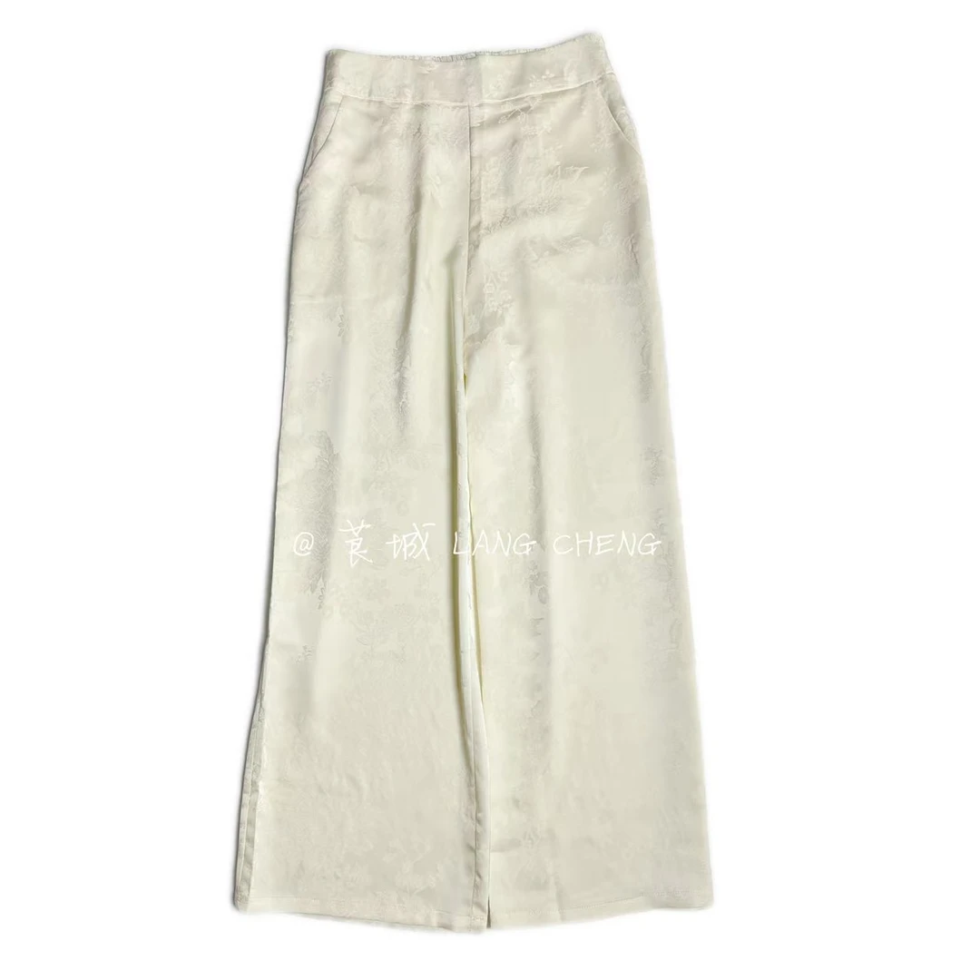 K1810 花后  国风新中式半松紧牡丹提花女款直筒裤