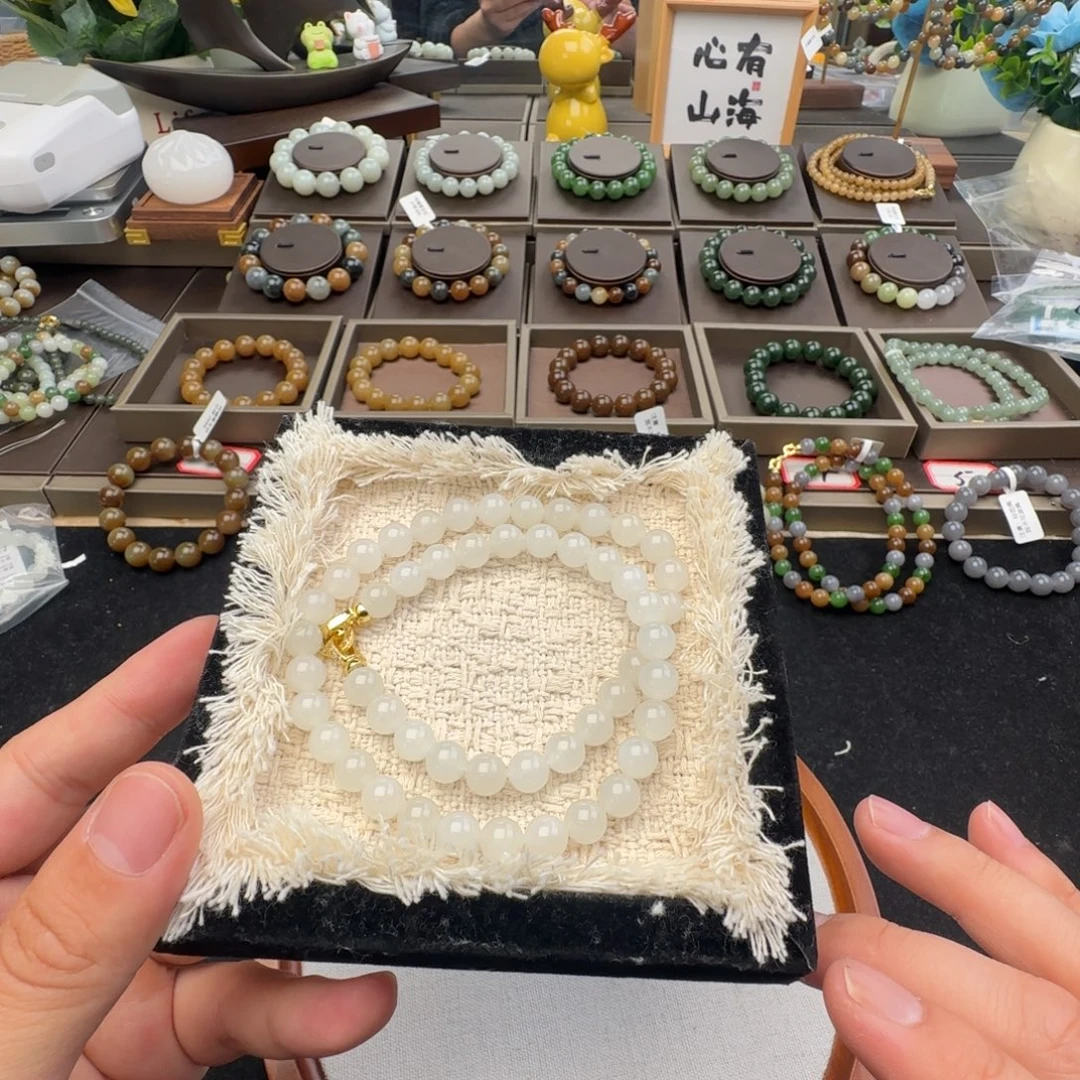 和田玉未镶嵌手链卡8冰白女神链，63