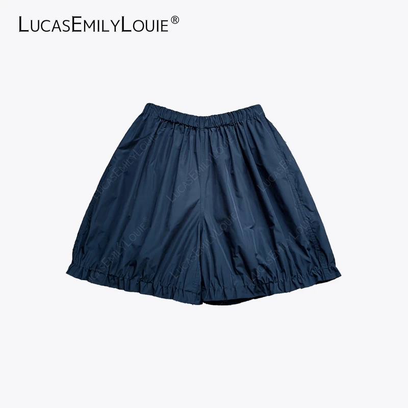 LUCASEMILYLOUIE 复古文艺百搭松紧腰休闲褶皱花苞短裤2410702