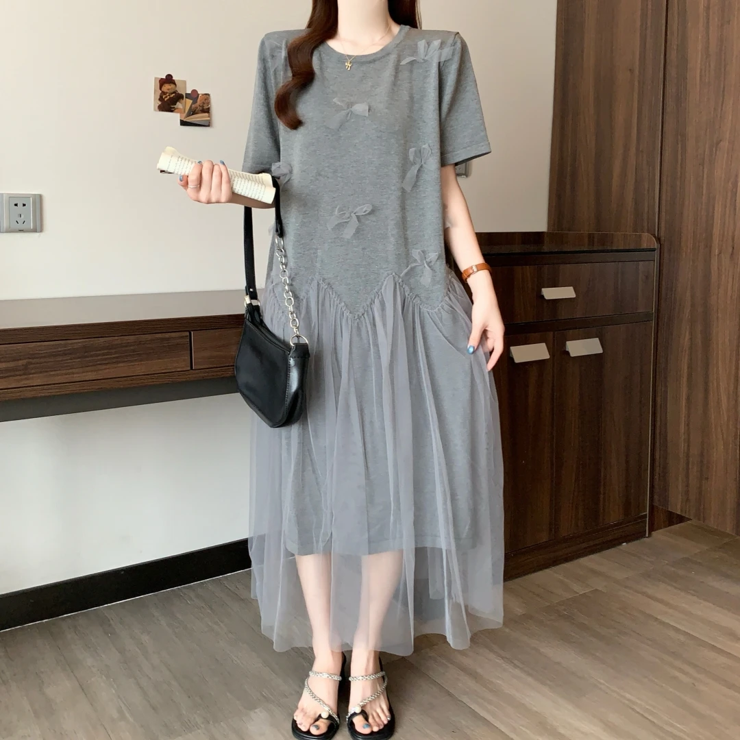 网纱拼接蝴蝶结连衣裙女夏2025新款大码胖mm宽松遮肚短袖T恤裙子