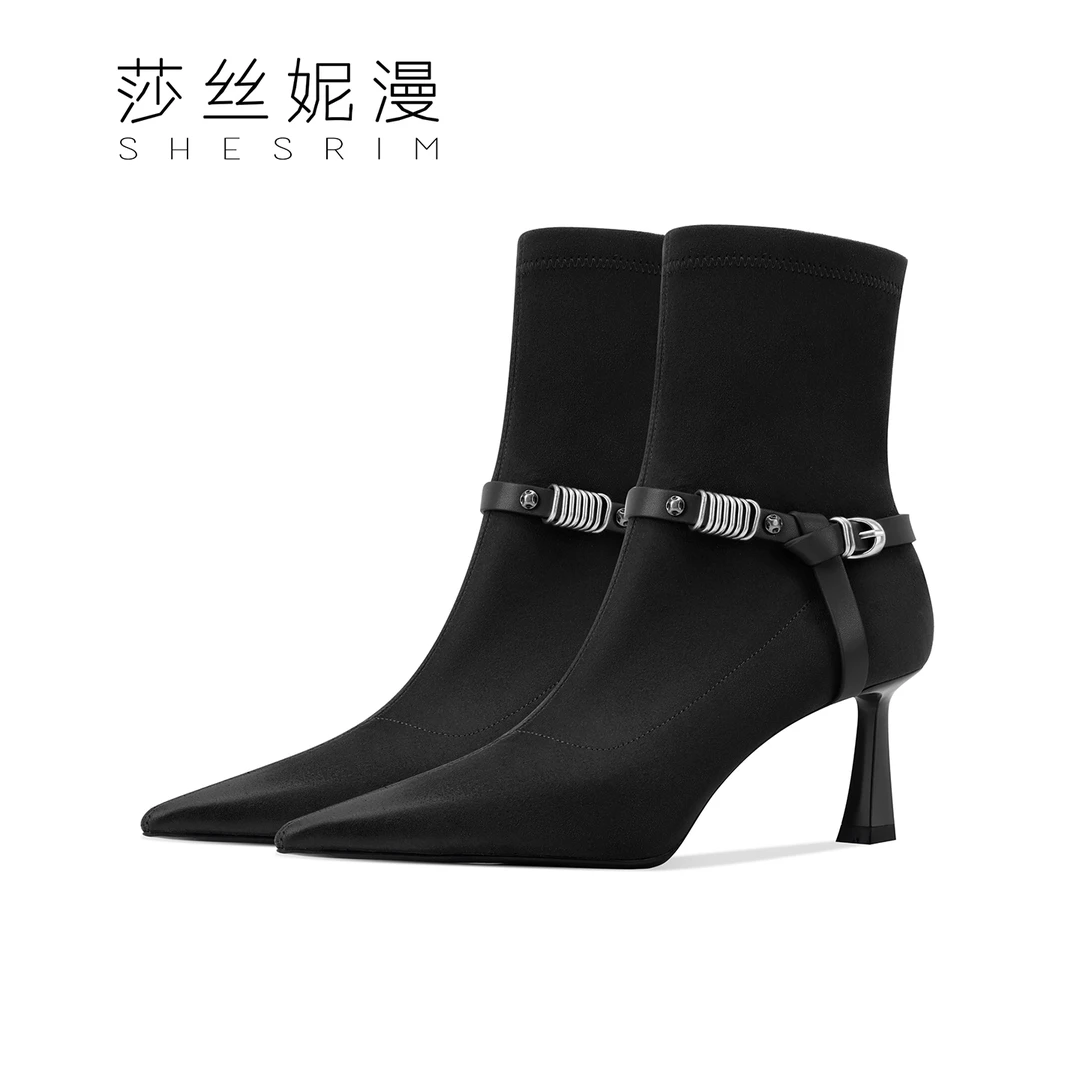 2025靴子尖头靴子不累脚高跟靴高跟瘦瘦靴短靴秋冬细跟黑色绒里