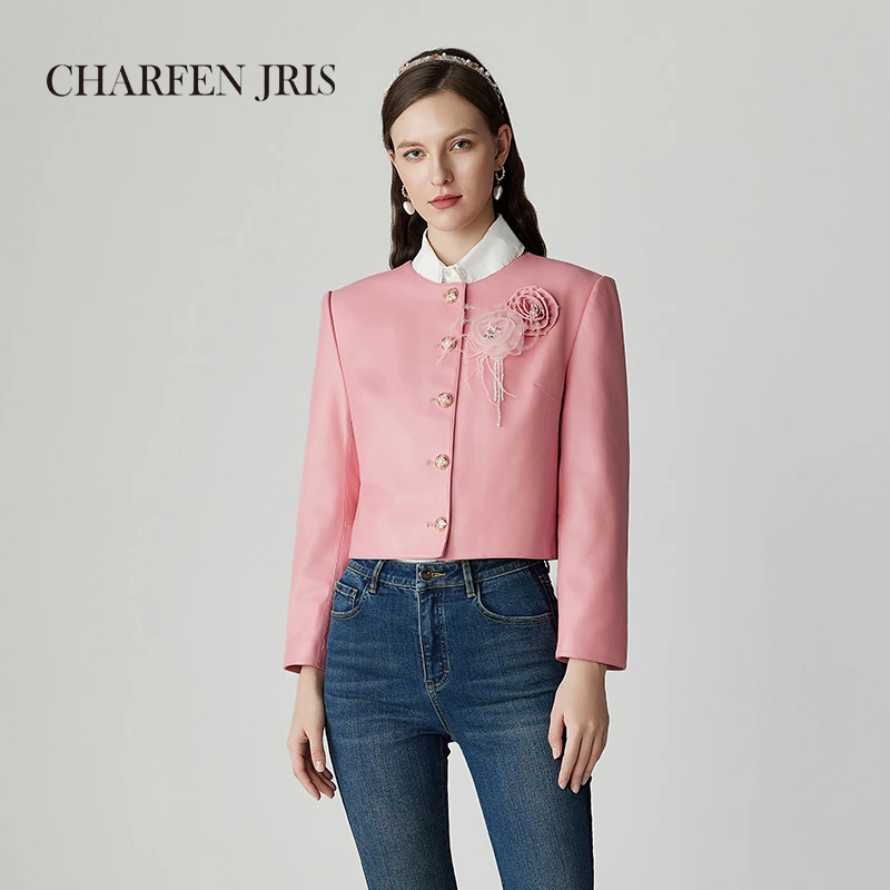 【蜜思仝专属】朝峰25年新款气质玫瑰小香风皮衣外套FJF1A662-6117M