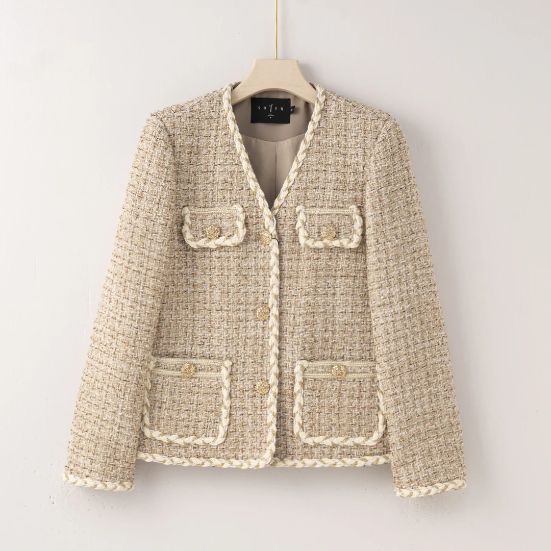 Q2500【特价-占单者限购】优雅风V领羊毛呢粗花外套法式复古WT9020