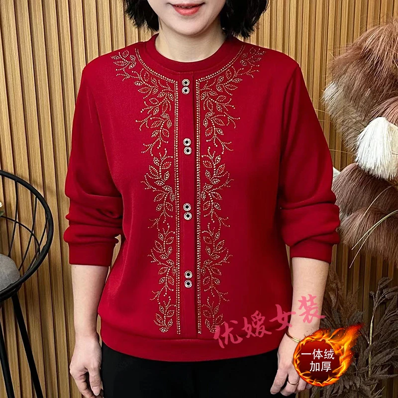 中老年女装冬季喜庆圆领烫钻加绒保暖显瘦百搭洋气妈妈装长袖上衣