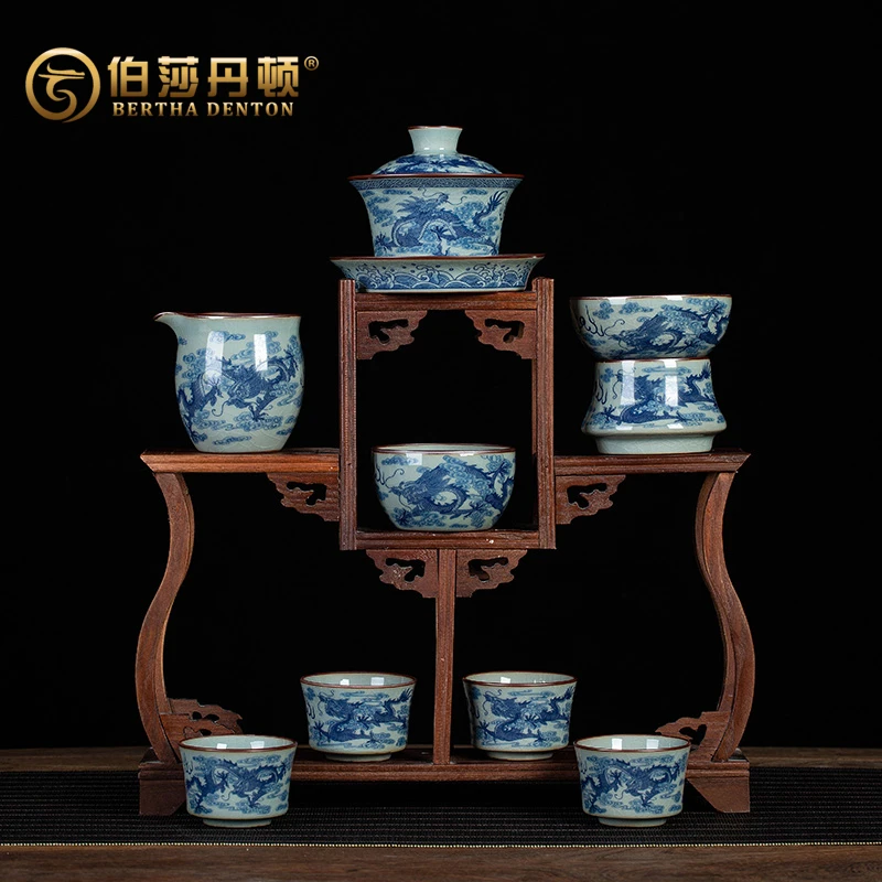 BERTHADENTON景德镇青花瓷龙纹陶瓷三才盖碗茶杯子功夫茶具高档
