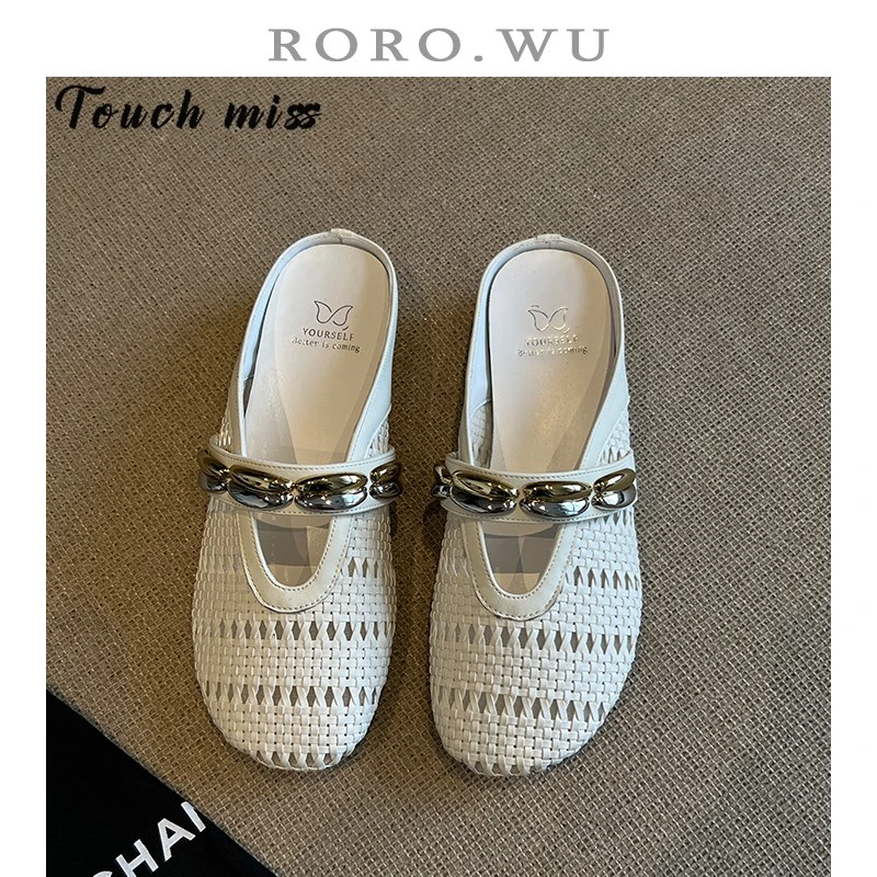 TOUCH MISS羊皮~复古百搭编织镂空包头半拖鞋女夏天外穿配裙凉鞋