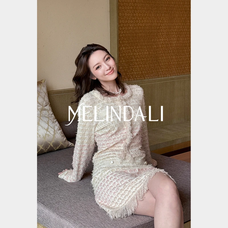 Melinda Li【渐变人鱼套】摩登奢感手工拉毛流苏小香风外套半裙套装