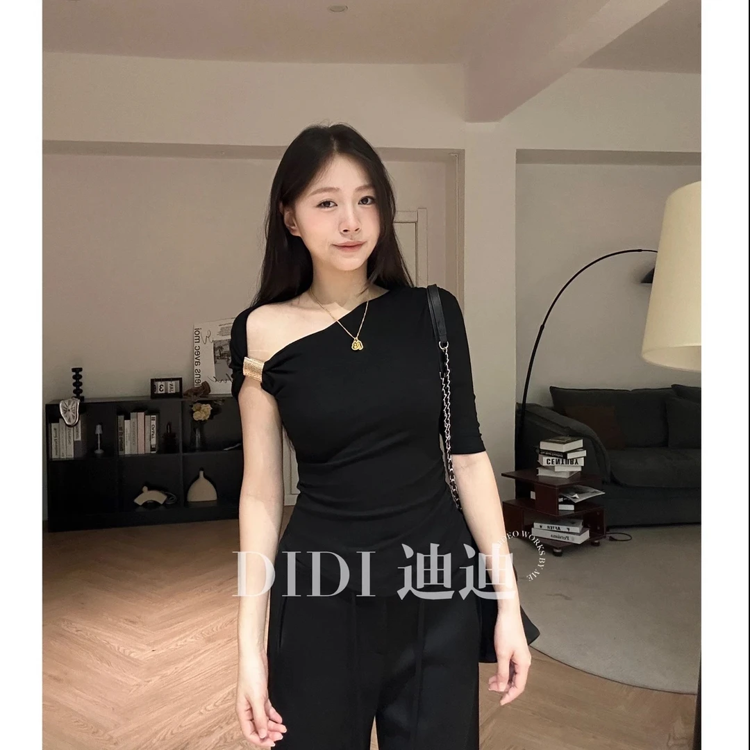 【DIDI】斜肩设计感法式修身型显瘦T恤不对称短袖T恤上衣女
