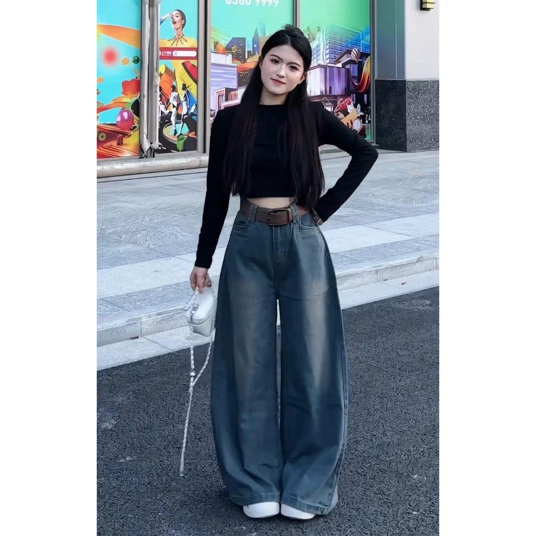 YOO[港风]鱼骨线条垫肩打底衫502一复古梨形遮肉大阔腿拖地裤一