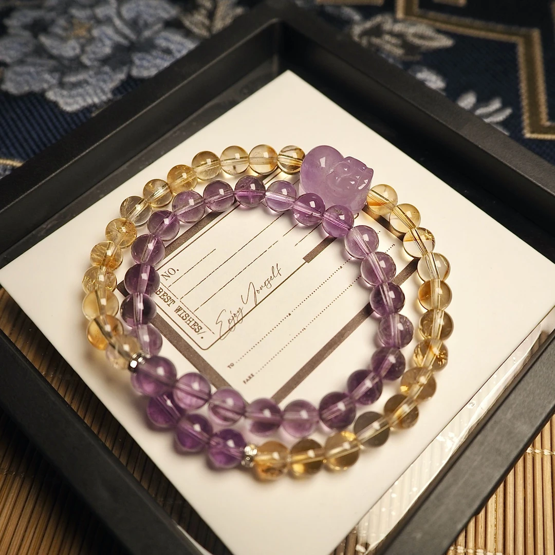 【祥止手作】原创饰品黄塔晶巴西紫水晶水晶手串黄紫撞色小貔貅配饰