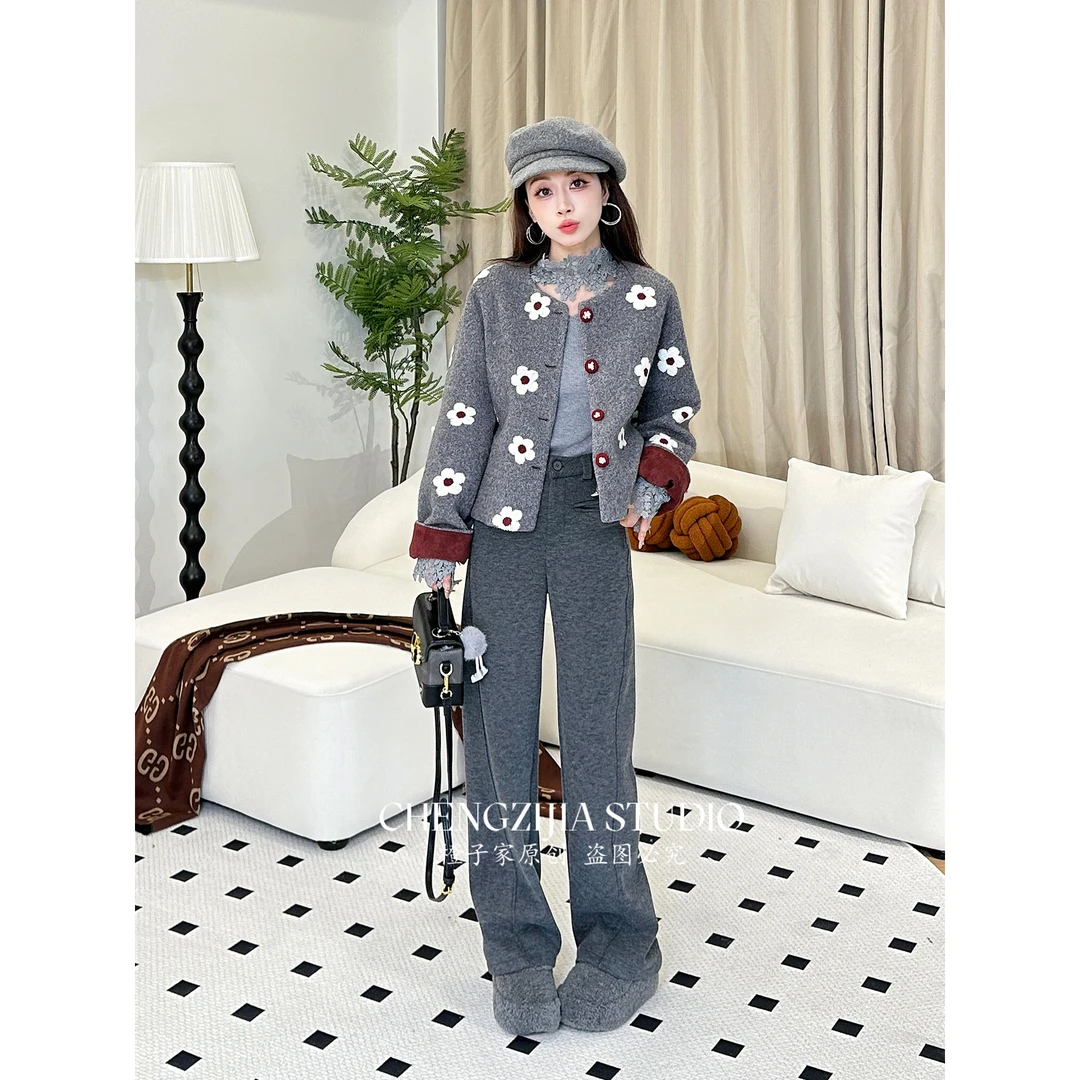 【裴诗婷】WT00040小香风撞色花朵无领外套