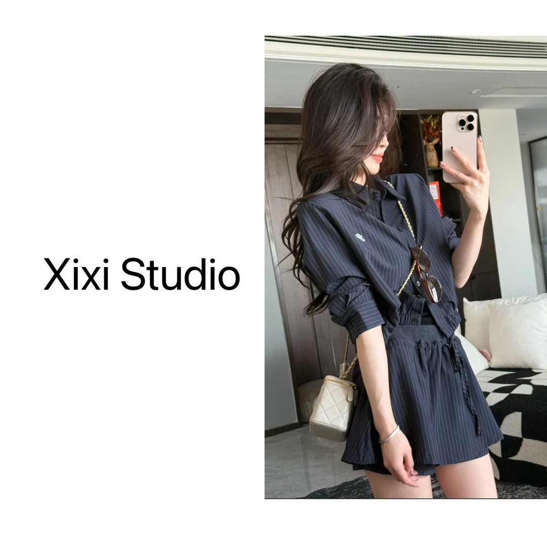 【西西】减龄时尚条纹衬衫+半身裙套装