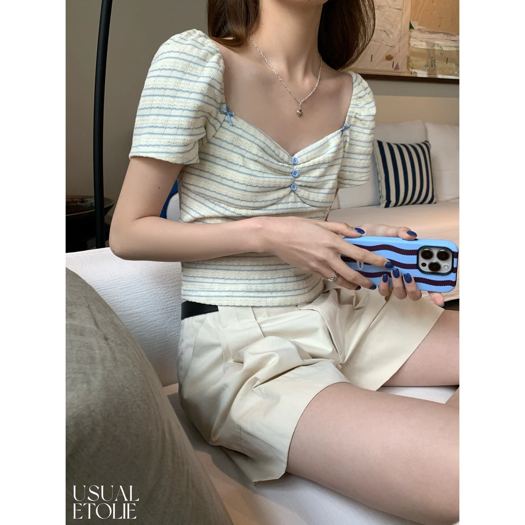 7370#韩系小清新条纹方领修身显瘦短袖上衣