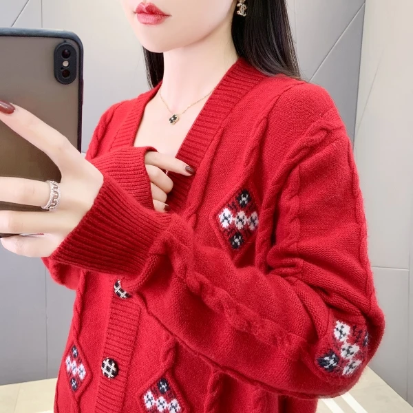 菱形提花百搭拼色V领针织开衫韩版秋冬加厚宽松毛衣女外套