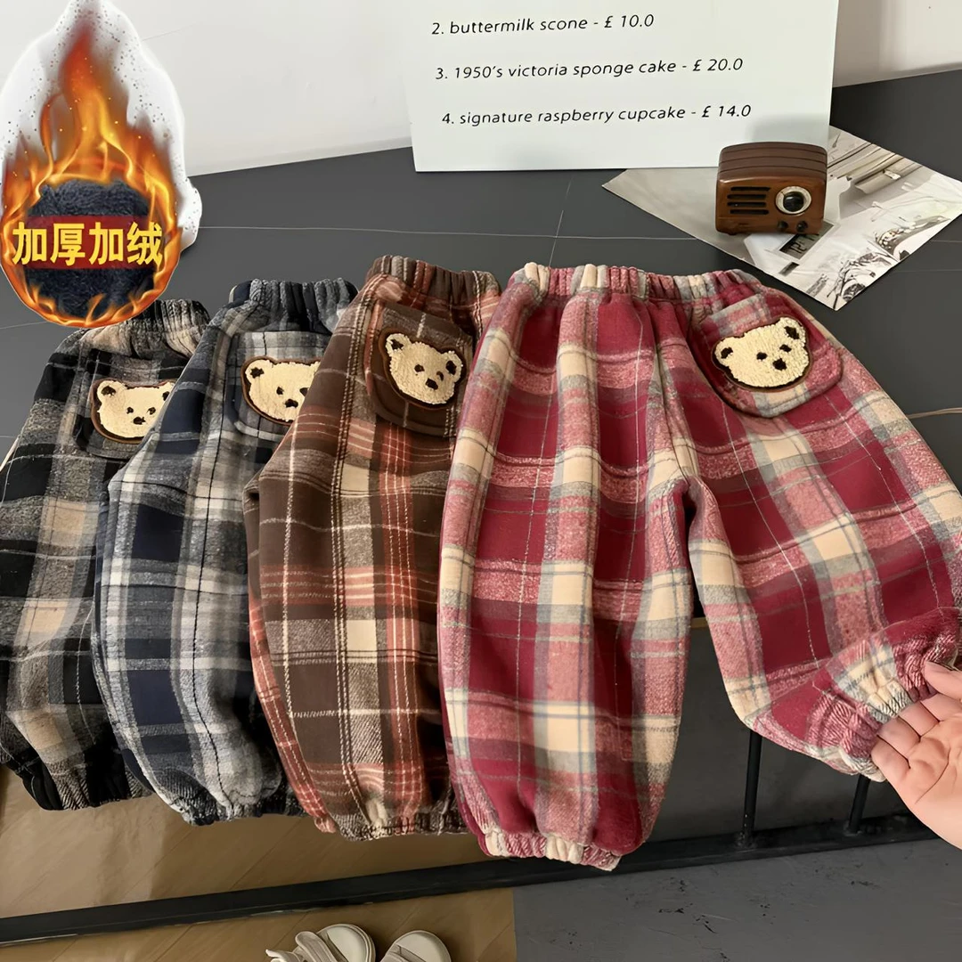 【新款】冬款男女儿童加绒加厚洋气百搭一体绒宽松保暖休闲格子裤