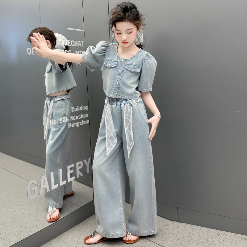 女童夏季套装2025新款洋气时尚牛仔短袖两件套6-12岁中大童衣服潮
