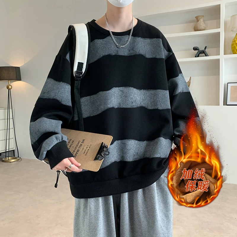 港风情侣条纹长袖卫衣加绒保暖卫衣秋冬休闲宽松打底百搭圆领上衣