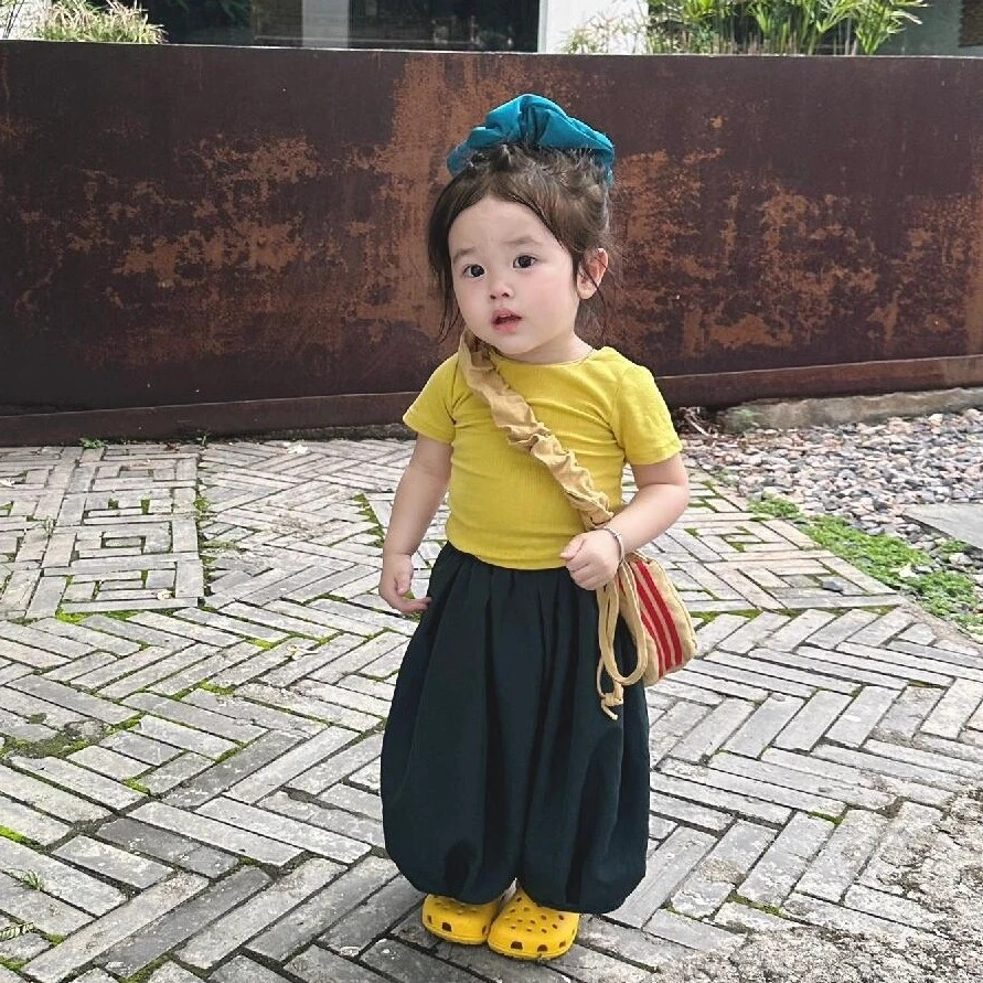 壹妈童装韩版女童时髦洋气套装2025夏装新款纯色露背短袖t灯笼裤