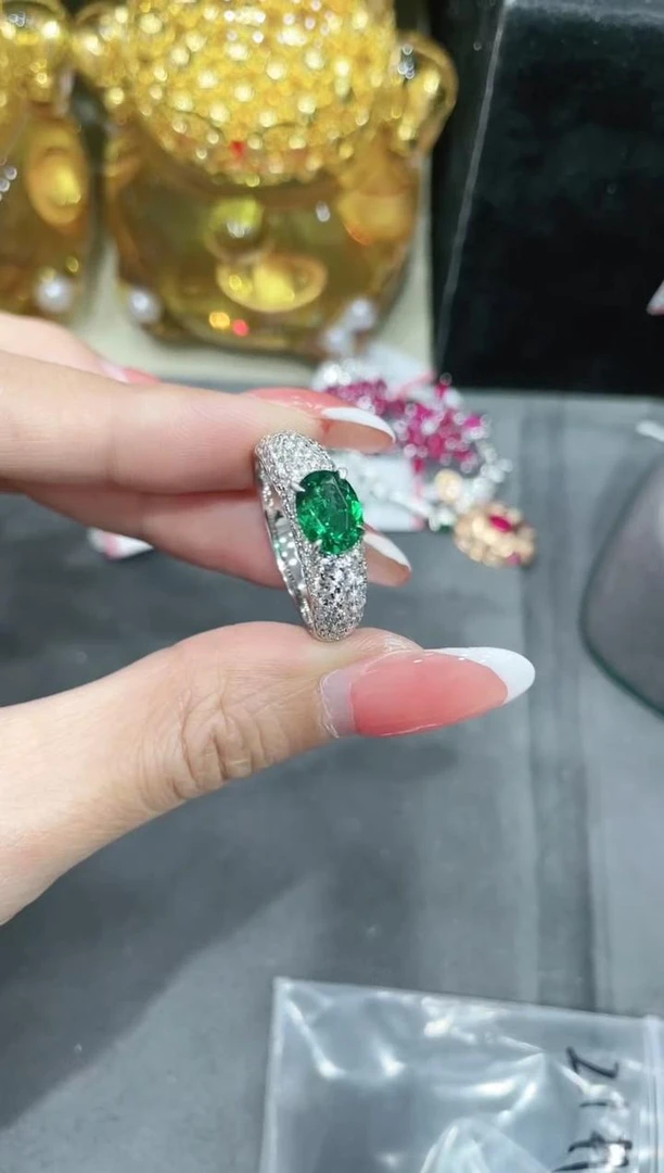 培育祖母绿S925银镶嵌培育祖母绿戒指777