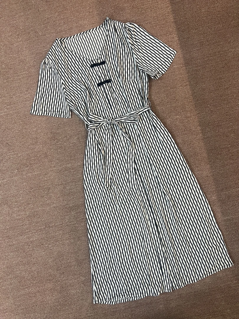 【华子粉丝专享】0810长裙套头印花夏季条纹连衣裙女士格纹显瘦