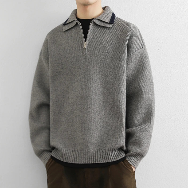 纯色秋冬男士假两件针织衫毛衣潮牌宽松翻领