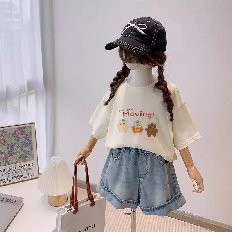 女童纯棉短袖T恤夏季2025新款儿童韩版宽松洋气卡通印花夏装上衣