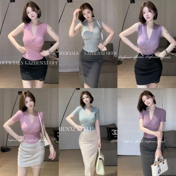 【韩美人】百搭纯欲显瘦打底衫女内搭性感收腰紧身螺纹交叉v领上衣