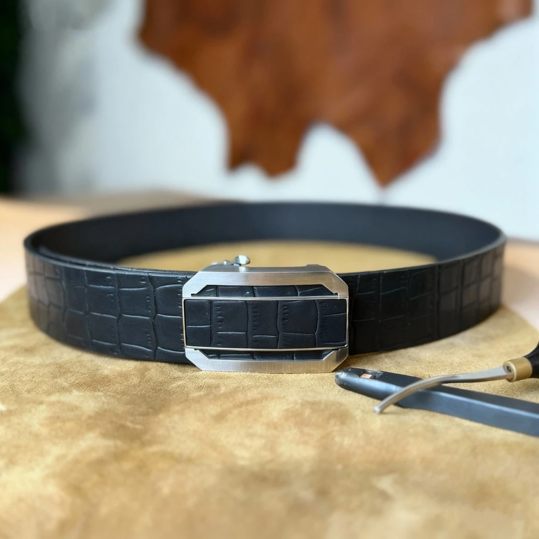 【托斯卡纳鳄鱼纹】手工头层牛皮男士裤腰带黑色百搭自动扣男生皮带