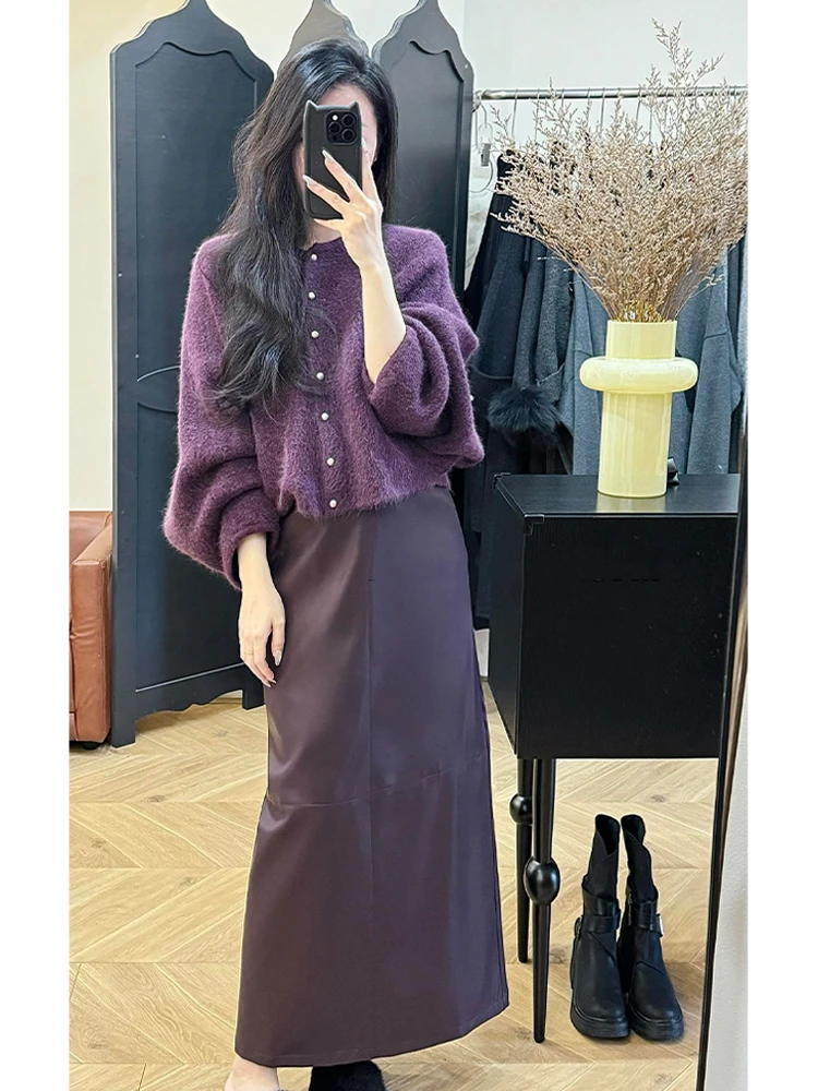 韩系慵懒风高级感套装女软糯复古紫色长袖针织毛衣显瘦半身裙春季
