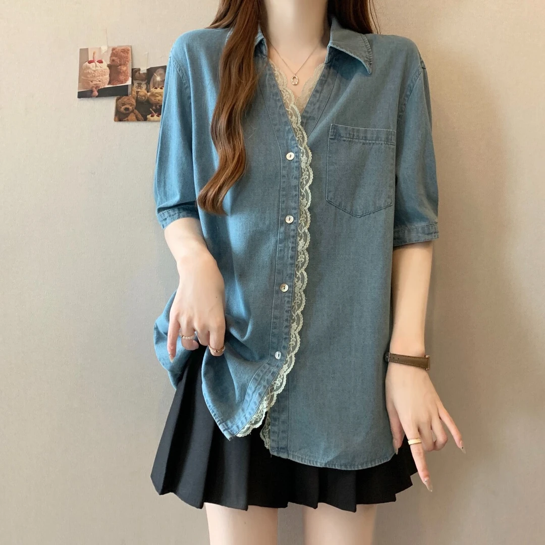 设计感蕾丝花边拼接衬衫女夏季大码胖mm韩版复古时尚小众百搭上衣