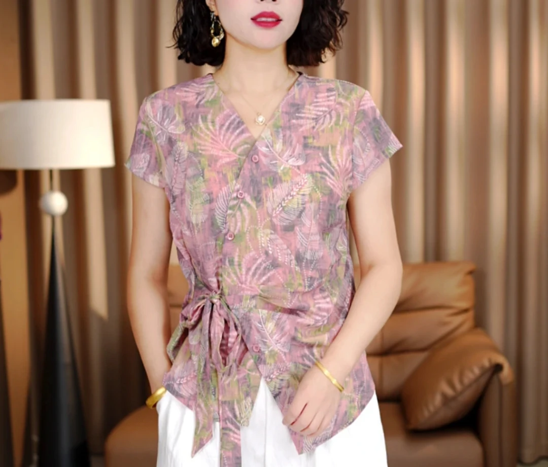 2025夏季新款系带洋气休闲短袖气质印花V领开衫扣上衣女显瘦时尚