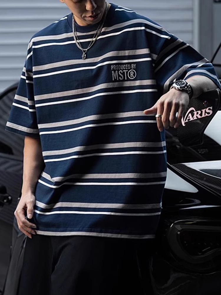 t恤2025潮牌日系条纹短袖宽松圆领休闲男女夏季潮流百搭上衣情侣