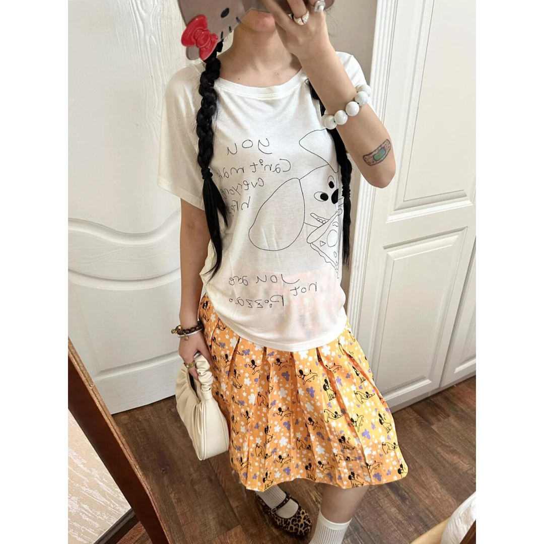 复古辣妹数字简约美式斜肩短袖t恤女夏季设计感修身显瘦百搭上衣