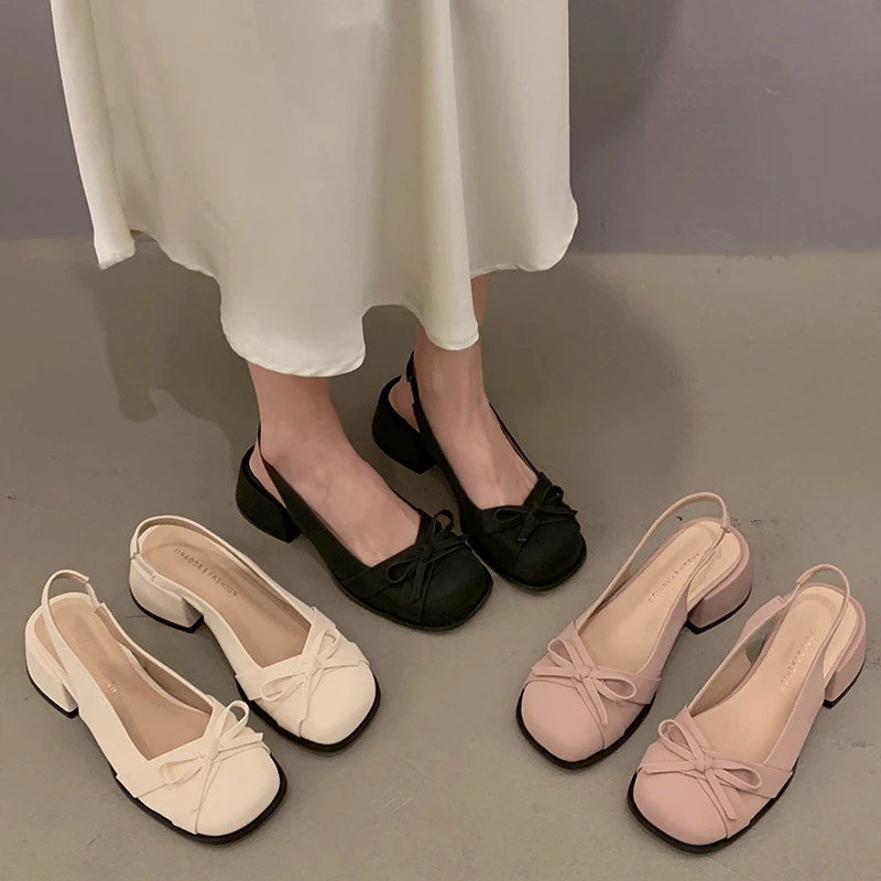 贾不假凉鞋女款2025新款夏季温柔复古蝴蝶结配裙子粗跟韩系小皮鞋